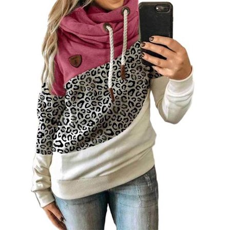 Huvtröja för kvinna med turtleneck sweatshirt hoodie sport camo tröja Leopard + rose red