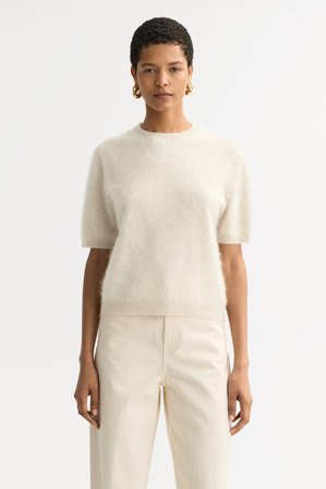 Soft Goat - Brushed short sleeve - Women cashmere sweater - XL - Feather White