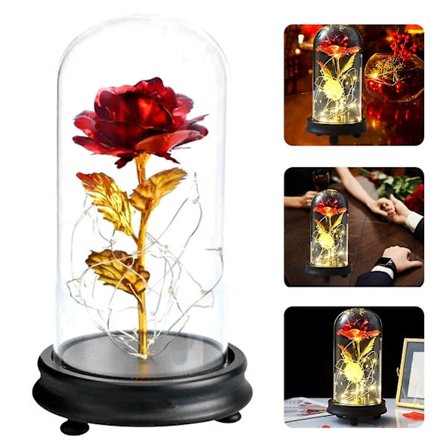 Ny, egnet evig rose, fortryllet rose, romantisk evig rose fra skønheden og udyret, med LED-plastbase