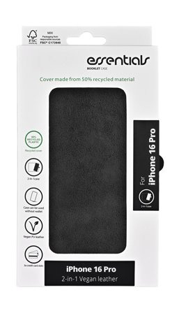 Essentials iPhone 16 Pro PU wallet, detach, recycled, 3 cards, black