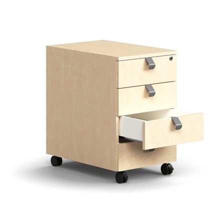 Skuffeelement med hjul QBUS, 4 skuffer inkl. greb, låsbar, birk