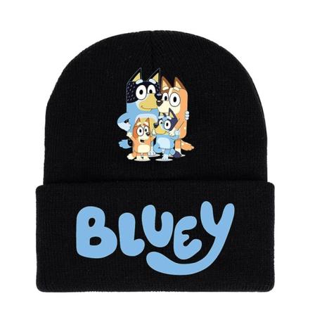 Bluey Cartoon Trykt Strikhue med Manchet Vinter Varmt Skilue Kraniehætter Voksen Børn Unisex Gaver db Black A