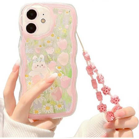 Kompatibelt iPhone 12-deksel for kvinner og jenter, Søt transparent tegneserie blomsterkanin med hjerteperler - Flower Rabbit2