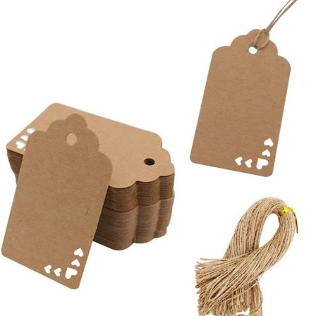 Kraftpapir-etiketter, 100 stk hjerteformede kraftpapir-gaveetiketter