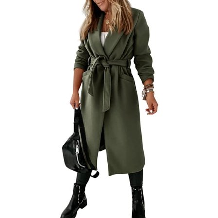 Damekåpe med slagekrage, åpen foran, belte, lang jakke grønn