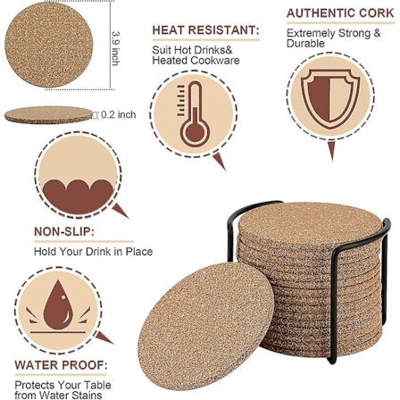 Kork Underkopper, Sæt Af 16 Runde Kant Underkopper, Vandtætte Drikkeunderkopper Til Vinglas Og Mu