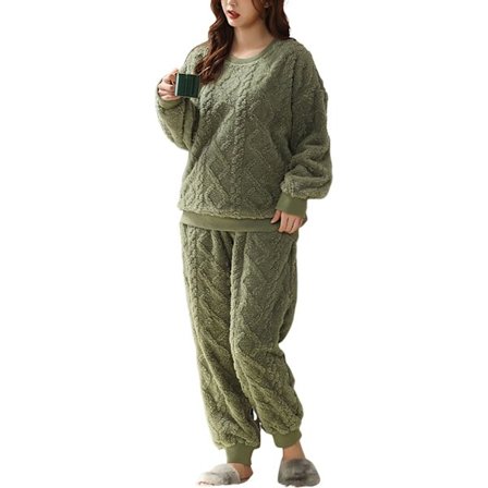 HAUFR Dam Fluffy Fleece Pyjamas Set 2 delar Varm Fleece Pyjamas Set Mjuka nattkläder Långärmade Crewneck fickor Byxor -1