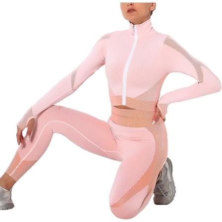 Træningsdragt til kvinder 2 stykker sæt højtaljede leggings og langærmet crop top yoga aktivtøj med lynlås foran Pink M