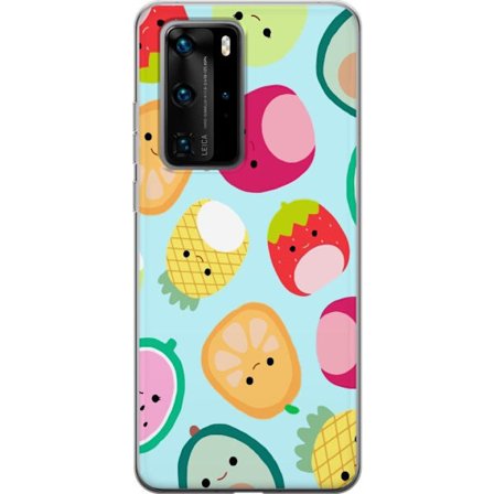 Kompatibelt Mobildeksel til Huawei P40 Pro Mønster av kawaii-frukter som jordbær sitron ananas og avocado på lyseblå bakgrunn