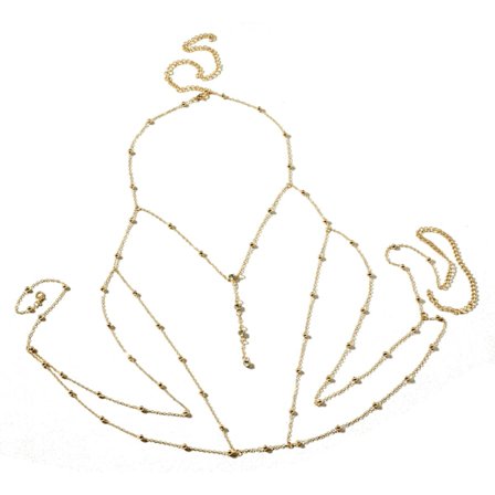 14K Guld Y Brystkæde Kropskæder til Kvinder Lagdelt Rhinestone Perle Fiske Ben Kryds Bikini BH Kropshalskæde Smykker Strandferie BH Kæde Je