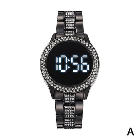 LED-klokke i rustfritt stål, dobbel rad, strass, multifunksjonell, magnetisk spenne, digital klokke svart