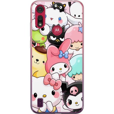 Kompatibelt Mobildeksel til Motorola Moto E6s (2020) Tett mønster av søte figurer med store øyne i ulike farger og uttrykk med LABUBU-tekst