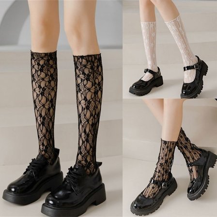 Spets Solid Sock Nätstrumpor LÅNG TUNNA SVART - high quality