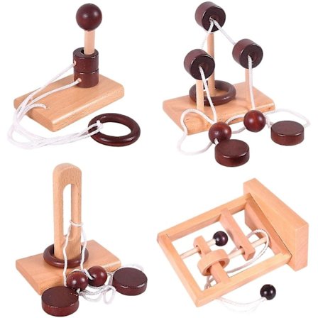 4 stk. Klassisk Tre Tau Puslespill Sett Ring Puslespill Snøreløsning Hjernetrim