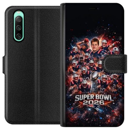 Yhteensopiva Lompakkokotelo Sony Xperia 10 IV Super Bowl 2026 juliste, jossa New England Patriots ja NFL-mestaruuspalkinto räjähtävän urheilullisessa