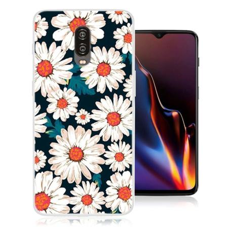OnePlus 6T beskyttelsesetui i silikone med mønster - Hvid blomst White