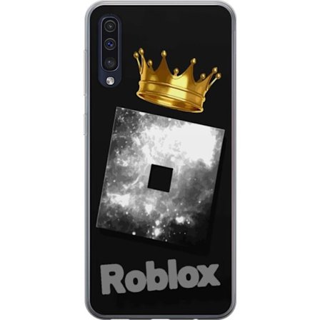 Kompatibelt Mobildeksel til Samsung Samsung Galaxy A50 Minimalistisk svart og sølvfarget Roblox-symbol med gylden krone og luksuriøs gamer-estetikk