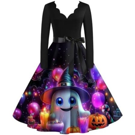 BTBDYDH Halloween Klänning Retro Långärmad V-ringad Klänning Utsvängd Vintage Hepburn Klänningar Pumpa Fladdermus Häxa Tryckt Cosplay Party Kostym 