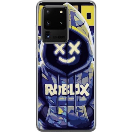 Kompatibelt Mobildeksel til Samsung Samsung Galaxy S20 Ultra Blågul Roblox hettegenserfigur med minimalistisk neonstil og masket ansikt, moderne spil