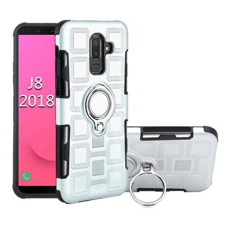 Samsung Galaxy J8 (2018) Geometrisesti Kuvioitu Hybriidi Muovinen Takasuoja Kuori Jalkatuella Ja Magneetilla - Hopea Silver grey