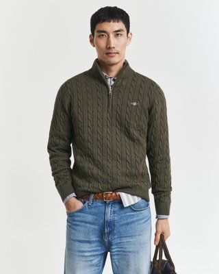 GANT - Kabelstrikket genser med half-zip til herre khaki green melange