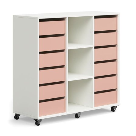 Student storage CASPER, 12 drawers, 3 compartments, white, dark pink