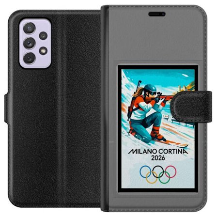 Kompatibelt Lommeboketui til Samsung Galaxy A52s 5G Retroplakat Cortina Milano 2026 med fjell, vintersportsutøvere, italienske trikolor, Milano-katedr