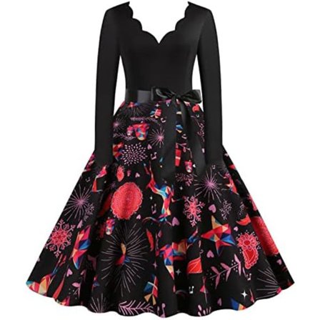 BTBDYDH Halloween Klänning Retro Långärmad V-ringad Klänning Utsvängd Vintage Hepburn Klänningar Pumpa Fladdermus Häxa Tryckt Cosplay Party Kostym 