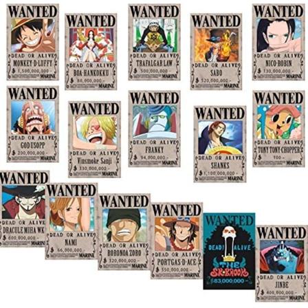 One Piece Wanted Posters 28,5cm×19,5cm, Ny utgave, Luffy 1,5 milliarder, sett med 16 stk