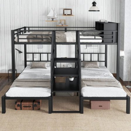 Kolmikerroksinen kerrossänky, jossa 3 makuupaikkaa, mukavat portaat kaiteella ja säilytystilaa, rauta, musta, 140x200cm