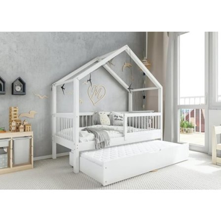 Profiwood - Vita husets säng med utdragbar säng, skandinavisk stil, 90×200 cm