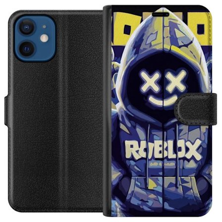 Kompatibelt Lommeboketui til Apple Apple iPhone 12 mini Blågul Roblox hettegenserfigur med minimalistisk neonstil og masket ansikt, moderne spillillu