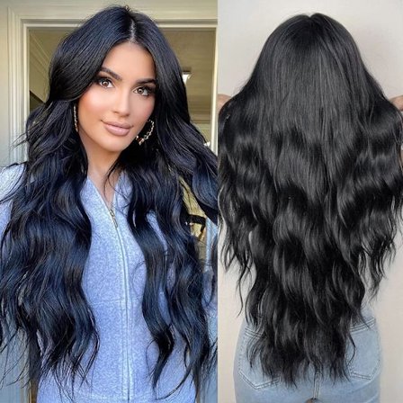 Lang sort paryk naturlig bølget syntetisk hår midterskilning krøllet paryk