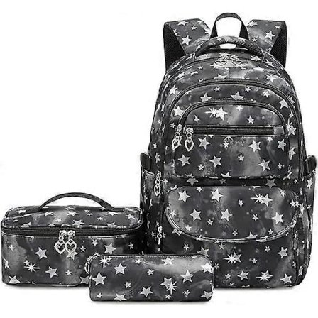 Ryggsäck med stjärnmönster, lunchväska och pennfodral, 3-delars set för grundskoleelever, tonåringar, ryggsäck svart