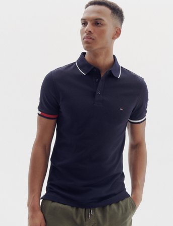 Tommy Hilfiger Flag Cuff Slim Fit Polo - Navy - XL