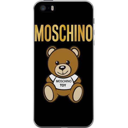 Kompatibelt Mobilskal till Apple Apple iPhone 5s Moschino-inspirerad nallebjörn med text på tröjan, centrerad mot svart bakgrund med tydlig mode- o