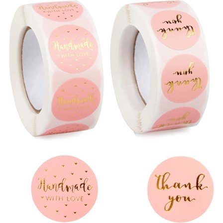 2 ruller med runde etiketter, håndlaget kraftpapir, håndlaget kraftpapir klistremerkeetiketter, håndlaget kraftpapir klistremerkeetiketter takk til 