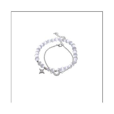 Dubbellagers armband med kattöga-sten, stjärna, måne och pärlor