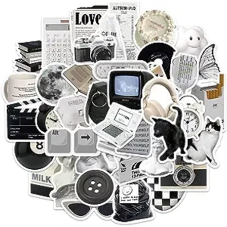 Vintage svartvita modeklistermärken av 61 vinyldekalvaror för bärbara datorer