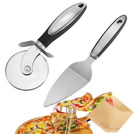 Pizzasæt med pizzaspade, professionel pizzaskærer i rustfrit stål, pizzaskærerhjul, pizzaskræller til brød, vafler, pandekager