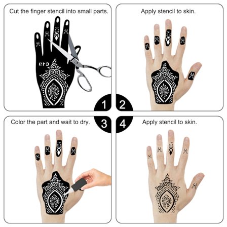 Hand Tatuering Schablon Svart, 12 Ark Indien-Inspirerad Henna Tatuering Schablon Set Hand Temporär Tatuering Hand Finger Målningskonst för Kvinnor 