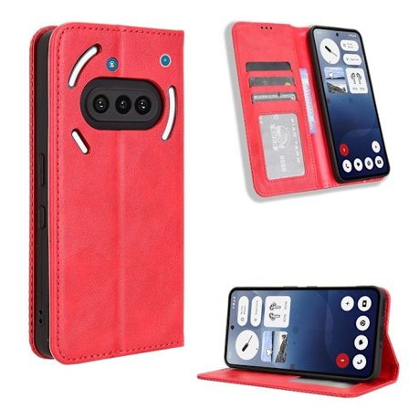 Nothing Phone (3a) Retrofodral i vegansk läder med plånbok och stativ - Röd