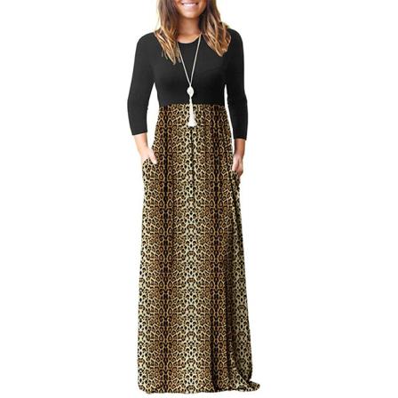 Kvinnor Med Fickor Baggy Lång Klänning Leopard Print Maxiklänningar