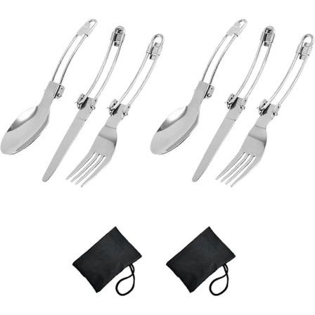 2 Set (6 Delar) Vikbar Bestickset i Rostfritt Stål, Portabelt Bestick med 2 Förvaringsväskor för Picknick Vandring Camping Resor