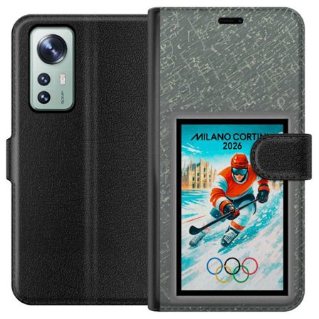 Yhteensopiva Lompakkokotelo Xiaomi 12 Curlingkuvitus pelaajilla ja kivillä jäällä, Milano Cortina 2026, lumisia roiskeita ja olympiasormukset