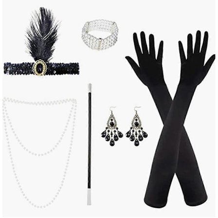 1920-tals Dam Flapper Tillbehör Gatsby Kostymer Tillbehör Set 20-tals Flapper Pannband Pärlhalsband Armband Örhängen Handskar-WELLNGS