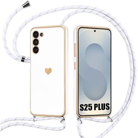 Coque för Samsung Galaxy S25 Plus (S25+), Silikonmjuk Hjärtmönster med Vit Snöre