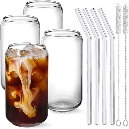Flkwoh dricksglas med sugrör 4st set - 16oz burkformad G