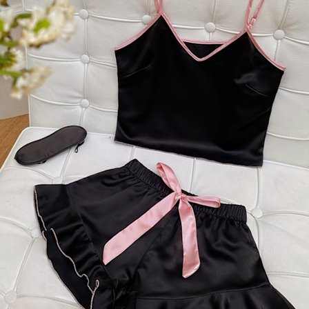 3 stk. Dame Mode Afslappet V-Hals Camisole Shorts Pyjamas Sæt + Øjenmaske til Alle Årstider