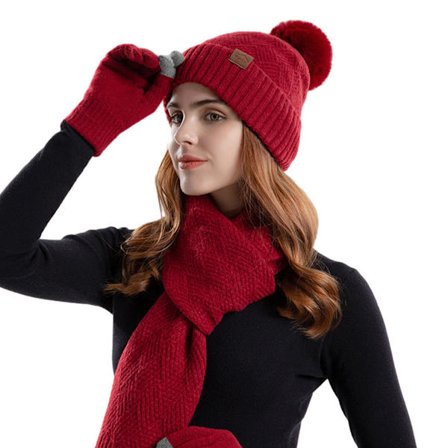 1 Sæt Hue Halstørklæde Handsker Tre Delt Strikket Uldhue Dame Varm Hue